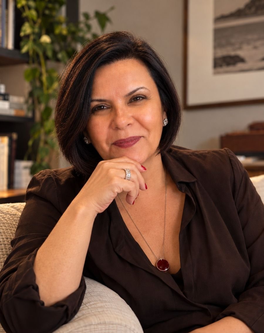 Retrato de Valquíria, sentada em uma poltrona, sorrindo, com a mão apoiada no queixo